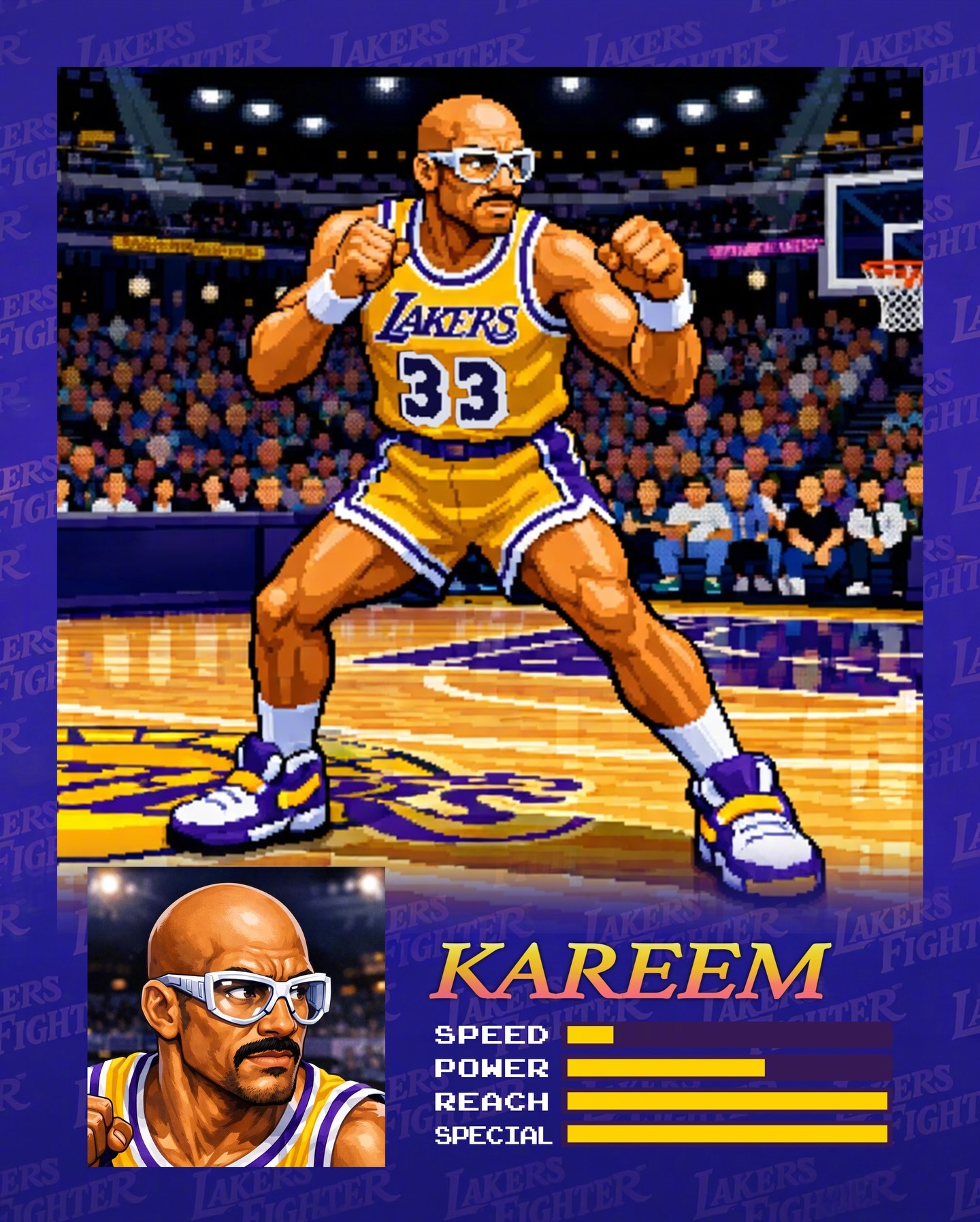 网友用《街头霸王》主题设计的湖人球员角色和他们的各项能力值属性，这还挺有趣。（S