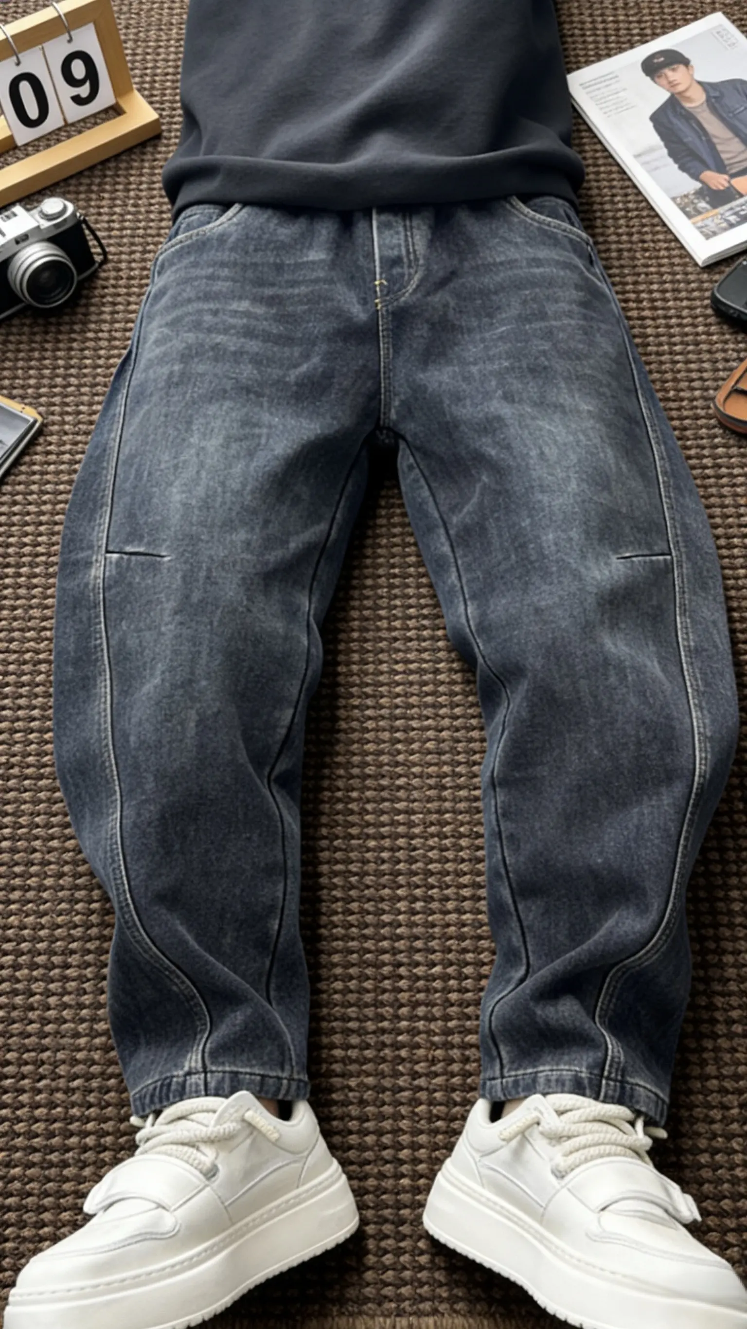 2026春秋新款水洗做旧松紧腰束脚弯刀直筒牛仔裤男百搭小脚休闲裤