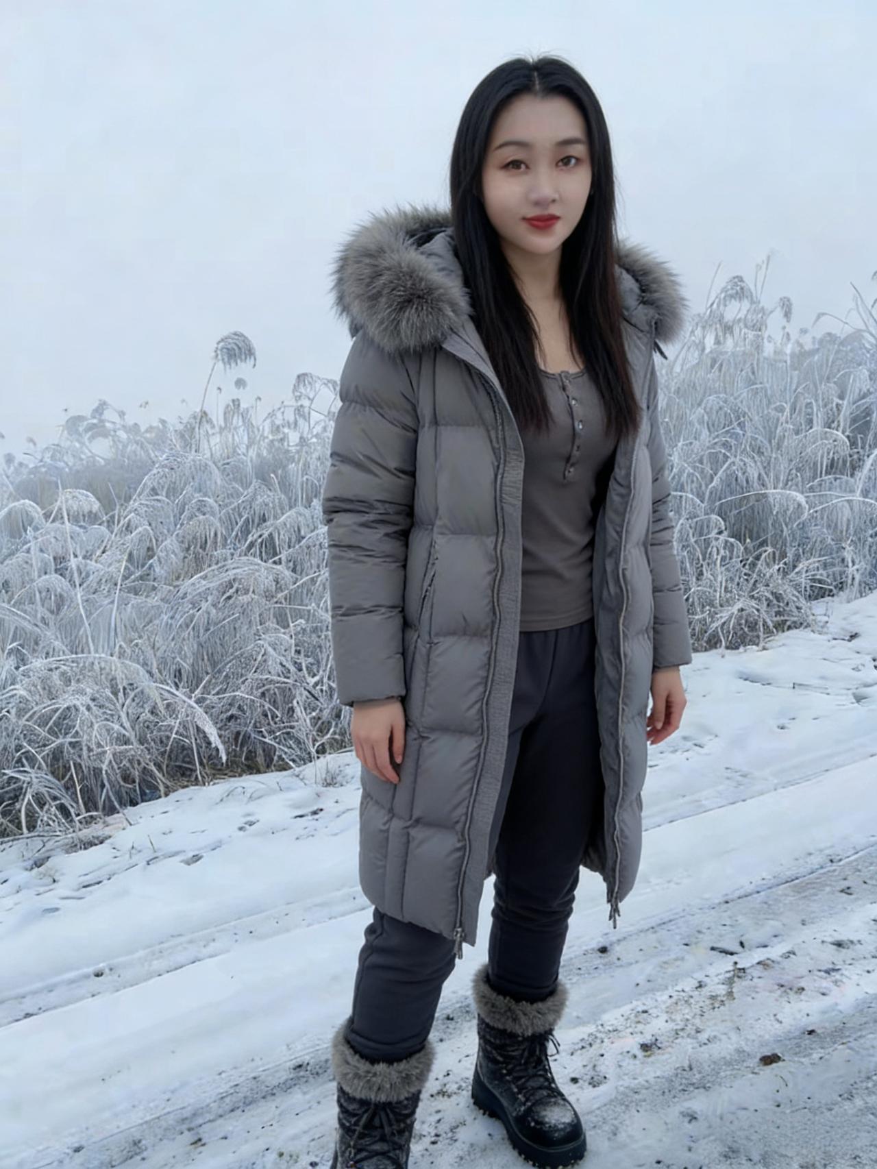 晓雾笼寒，霜华凝苇，
灰衣轻立琼瑶地。
苇丛摇玉响泠泠，
雪痕浅印凌波履。
～