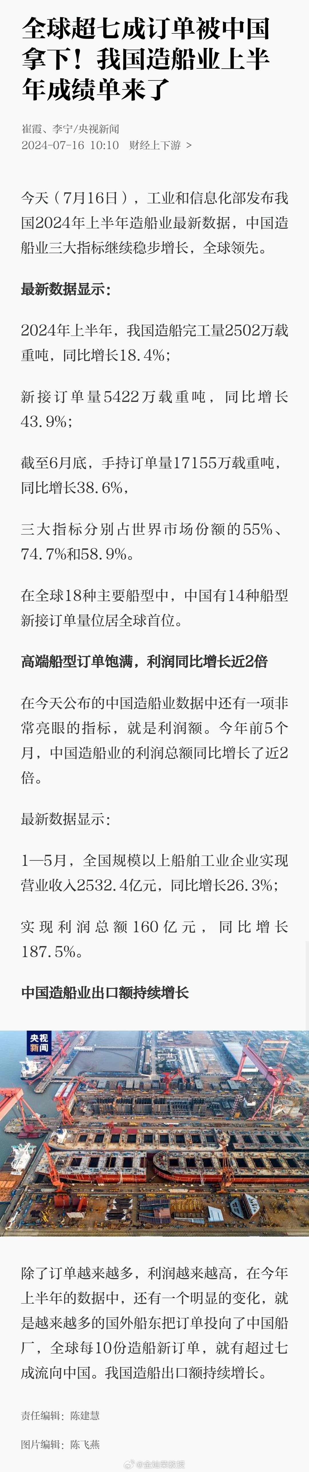 全球超七成订单被中国拿下！我国造船业上半年成绩单来了 ​​​