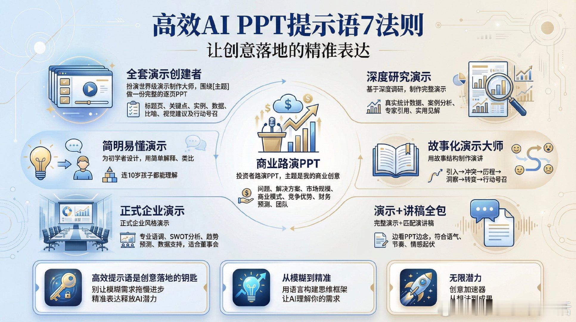 想让AI帮你做出精彩的PPT演示，试试这些高效提示语：1. 【全套演示创建者】 