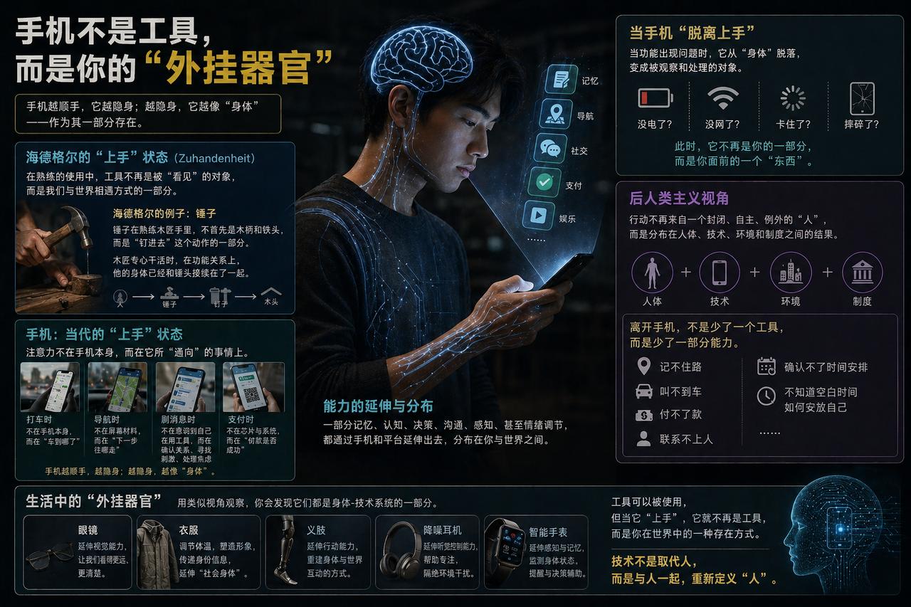 手机不是工具而是你的“外挂器官”。

这个说法不是夸张，在海德格尔的哲学中，有个