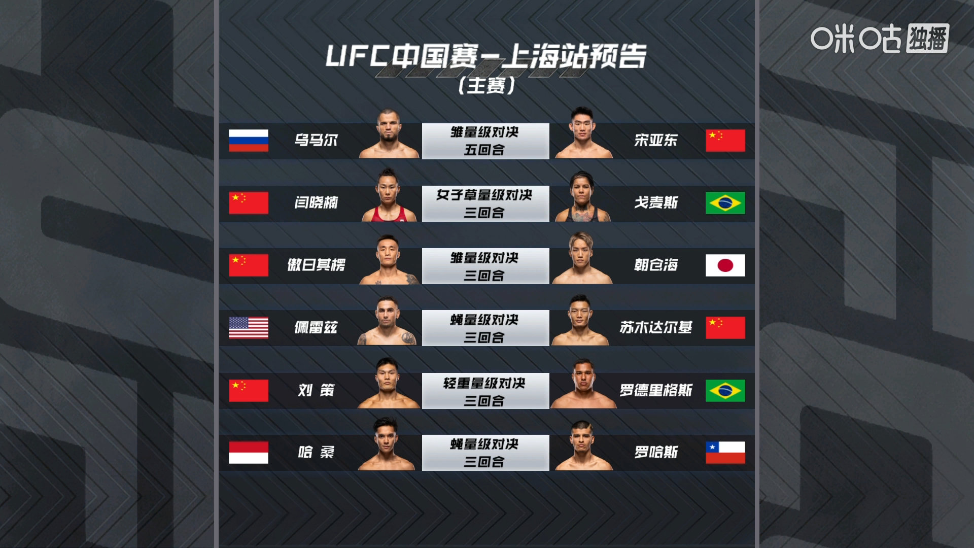 【UFC上海站主赛战卡】头条主赛：宋亚东vs乌马尔联合主赛：闫晓楠vs戈麦斯vs