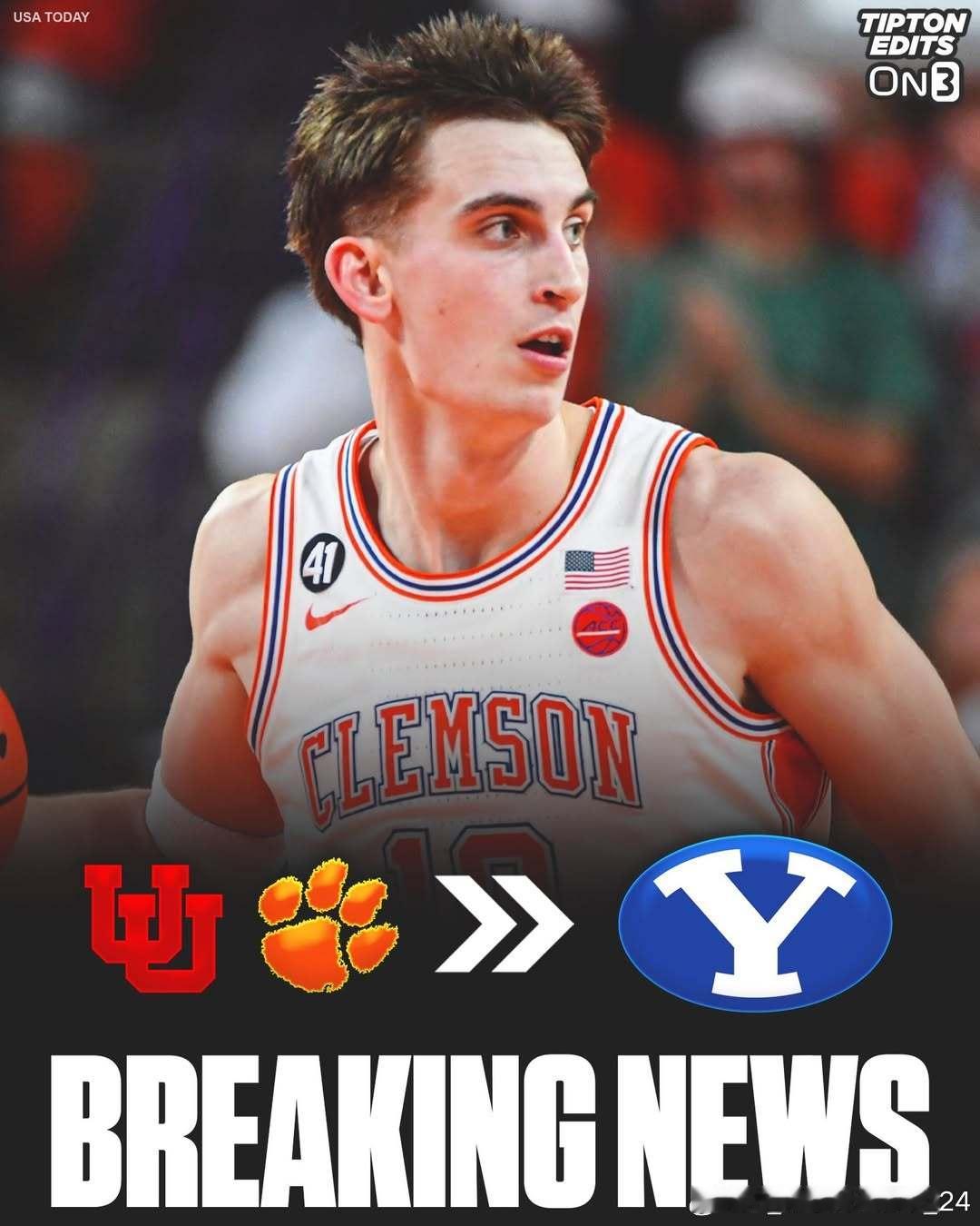 克莱姆森大学前锋杰克·瓦林(Jake Wahlin)转学加盟杨百翰大学NCAAN