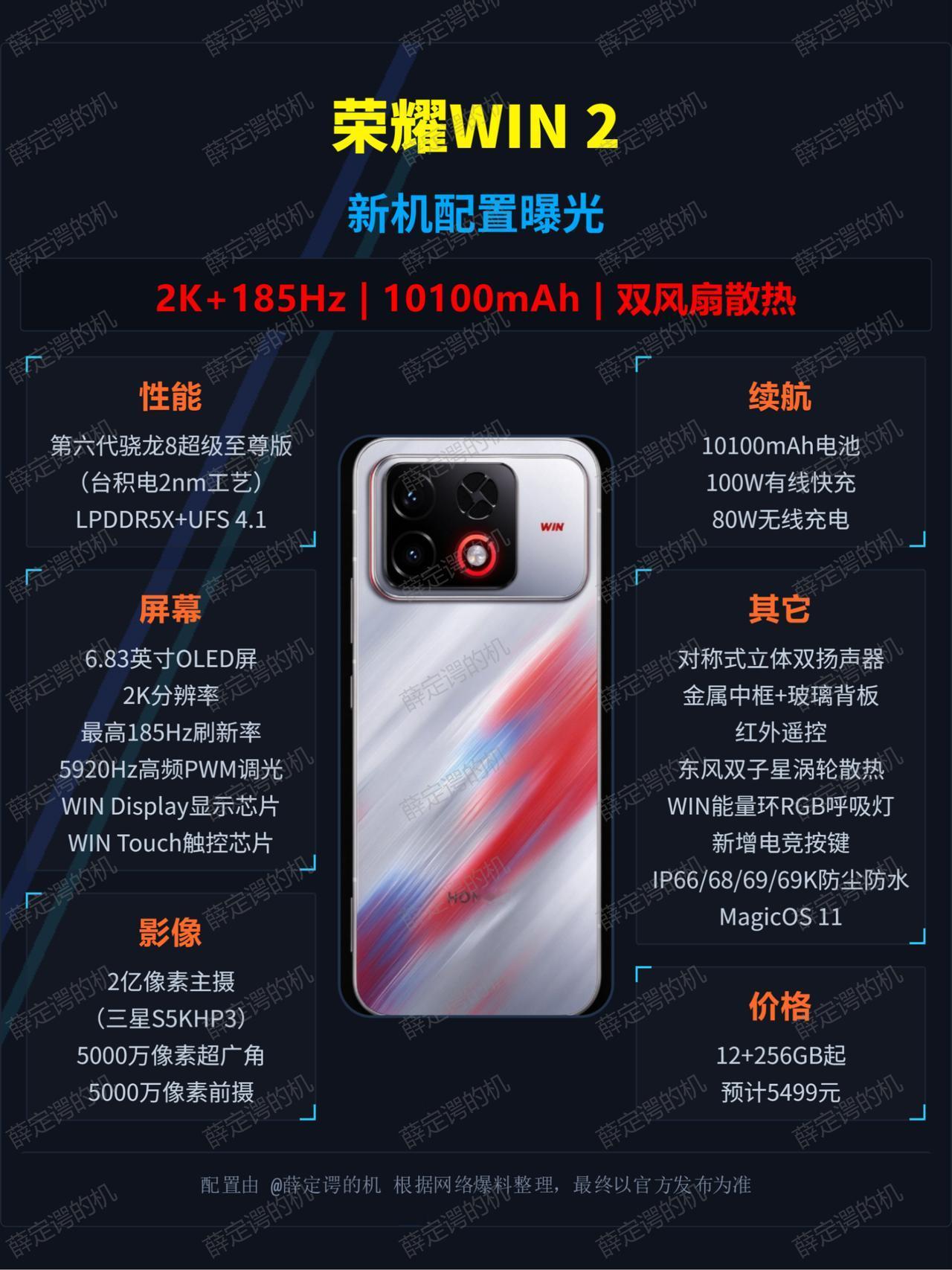 荣耀WIN2这次爆料，性能散热都下足了猛料。
核心配置上，它搭载2nm第六代骁龙