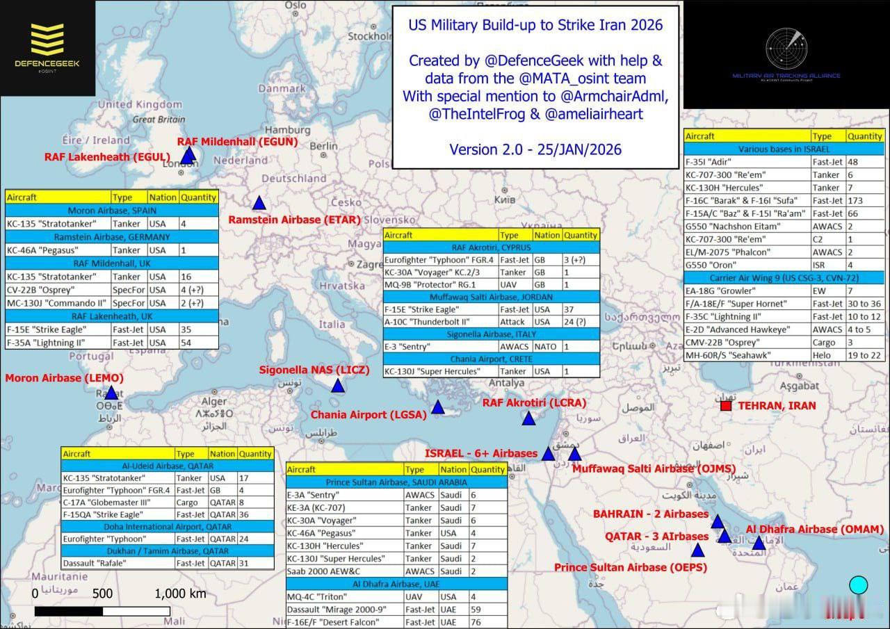 截止至25日美国在伊朗周边航空兵力集结的规模战斗机、加油机、侦察机和预警机，以及
