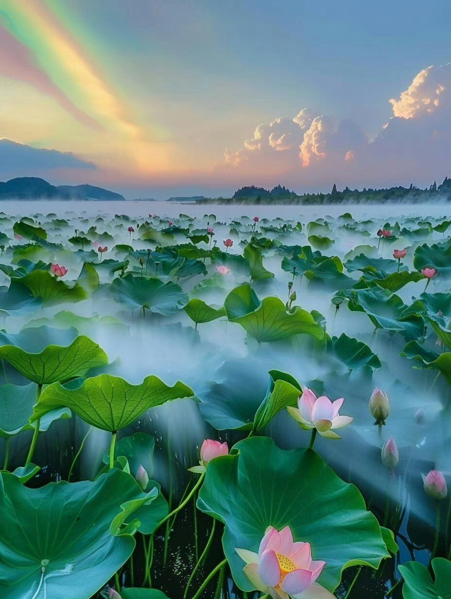 当荷花遇上彩虹，祝你好运莲莲。 