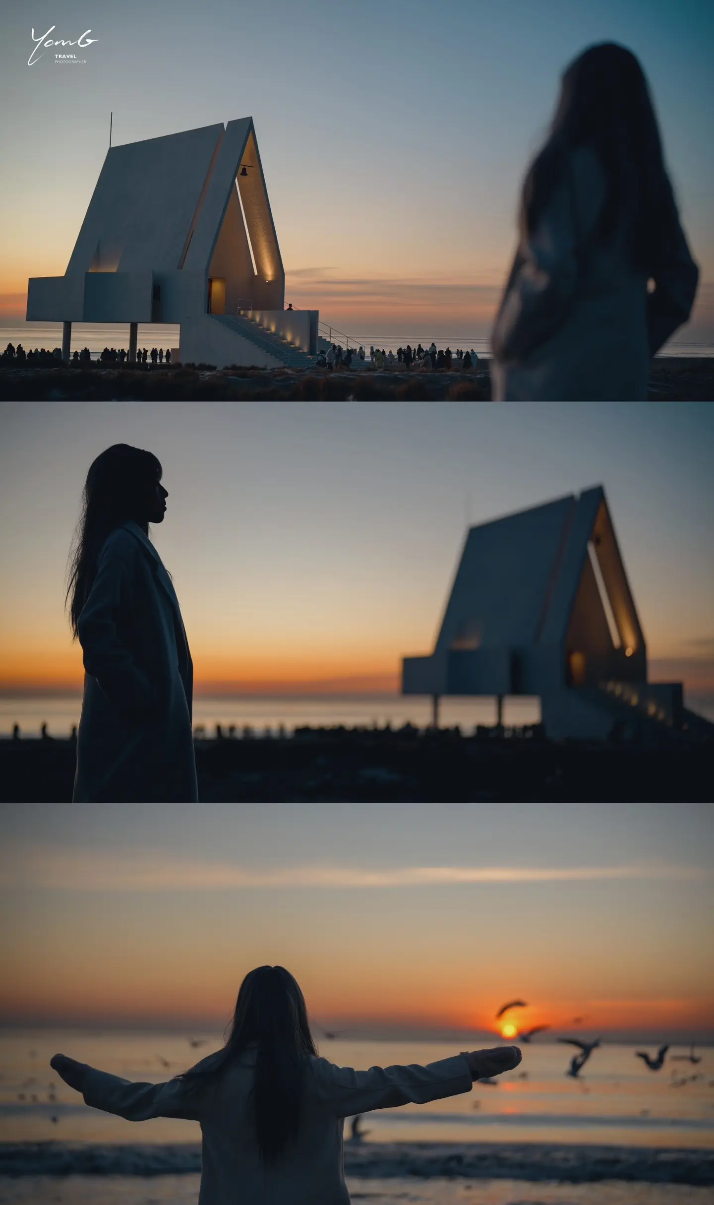 阿那亚旅拍：日出🌅夜晚🌃
2023年的最后一场旅行
就来阿那亚吧…橘色日出 海鸥飞翔 海边礼堂，到了晚上一定要拍烟花🎆。
摄影师：📸楊旅拍日记.
相机：索尼A7M4
镜头：
1.G大师50F1.4gm
2.G大师70-200 F2.8gm
时间：AM6:40！
