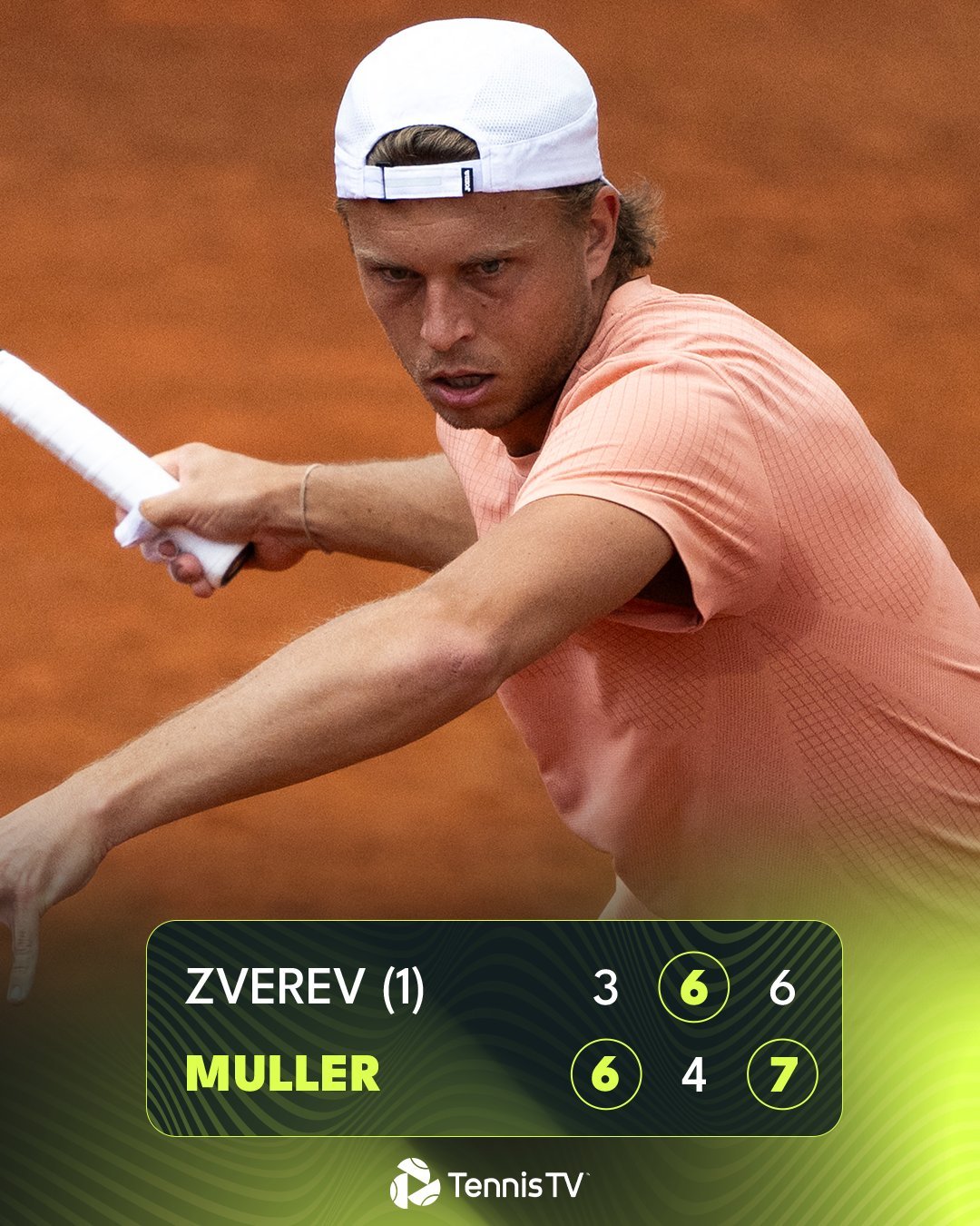 ATP500汉堡站第二轮，头号种子、本土球星兹维列夫3-6/6-4/6-7(5)