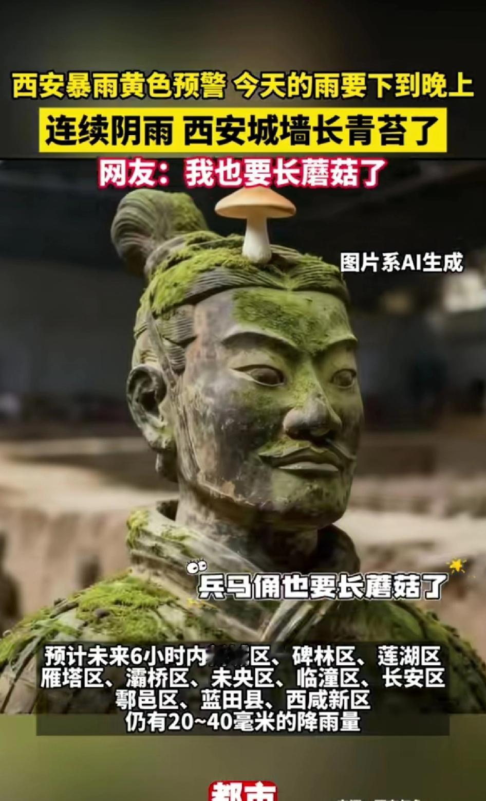 西安连续暴雨 黄色预警，兵马俑头上长出蘑菇[笑哭][笑哭]虽然很搞笑，也知道是假