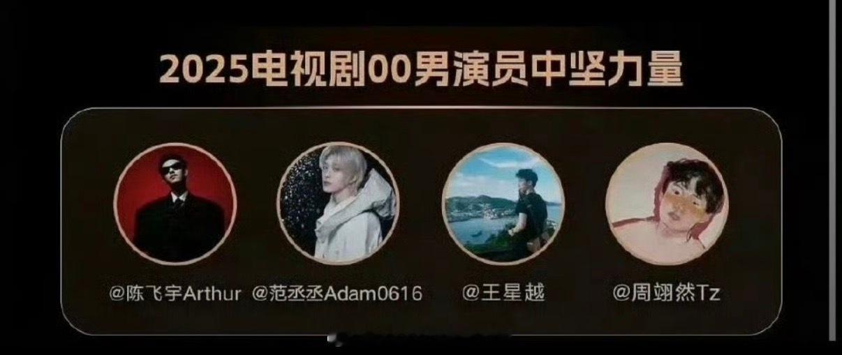 00男演员中坚力量： 陈飞宇 范丞丞 王星越 周翊然前两个电影剧圈都抓 后两位目