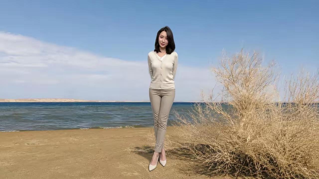 湖边风景美，她身材高挑，站得真优雅。
