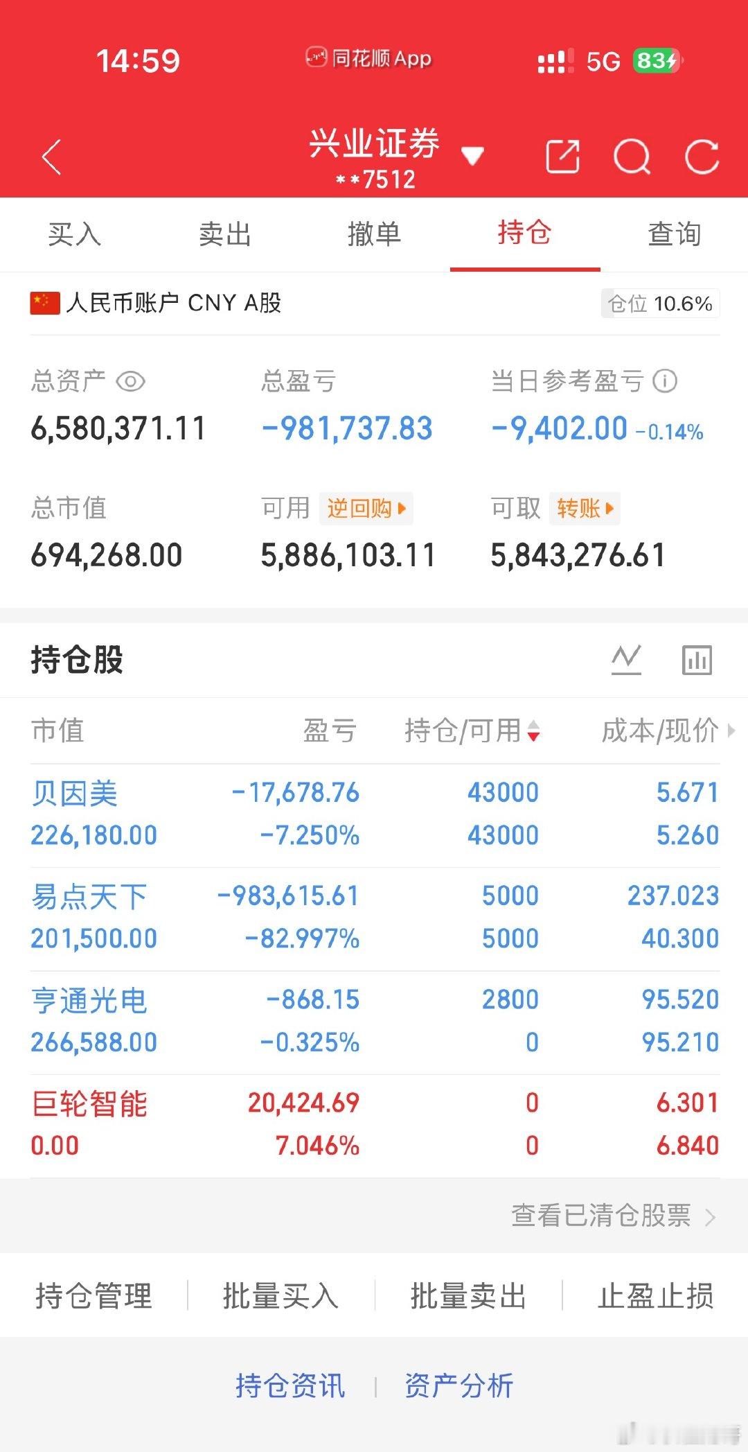 今天是6月8号周五！长征财哥（80w）翻倍操作之旅。继续持仓：易点天，贝因美今天