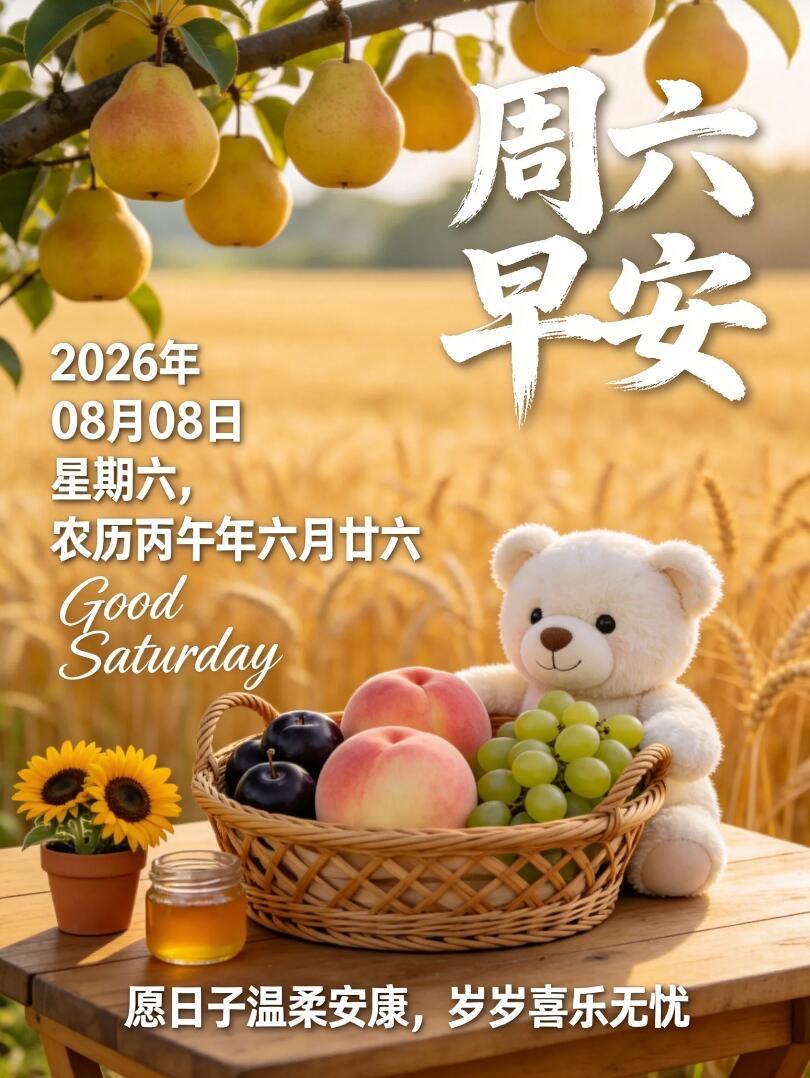 周六早安，初秋吉祥🌷！今天是8月8日，轻松周末正式开启。窗外草木染上浅秋色调，