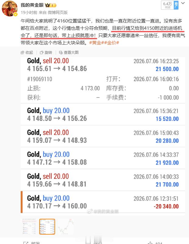 总结：7月6日微博共做五单，三胜两负。总盈：280点。 4170多单4160离场