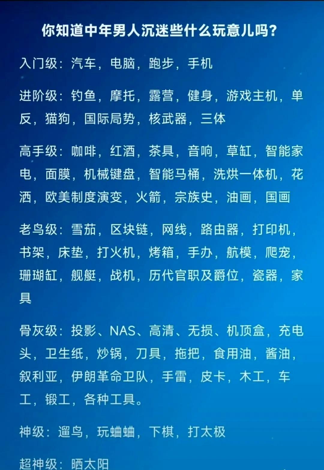 网友：中年男人沉迷排行榜，越玩越原始，你们到哪个级别了？ ​