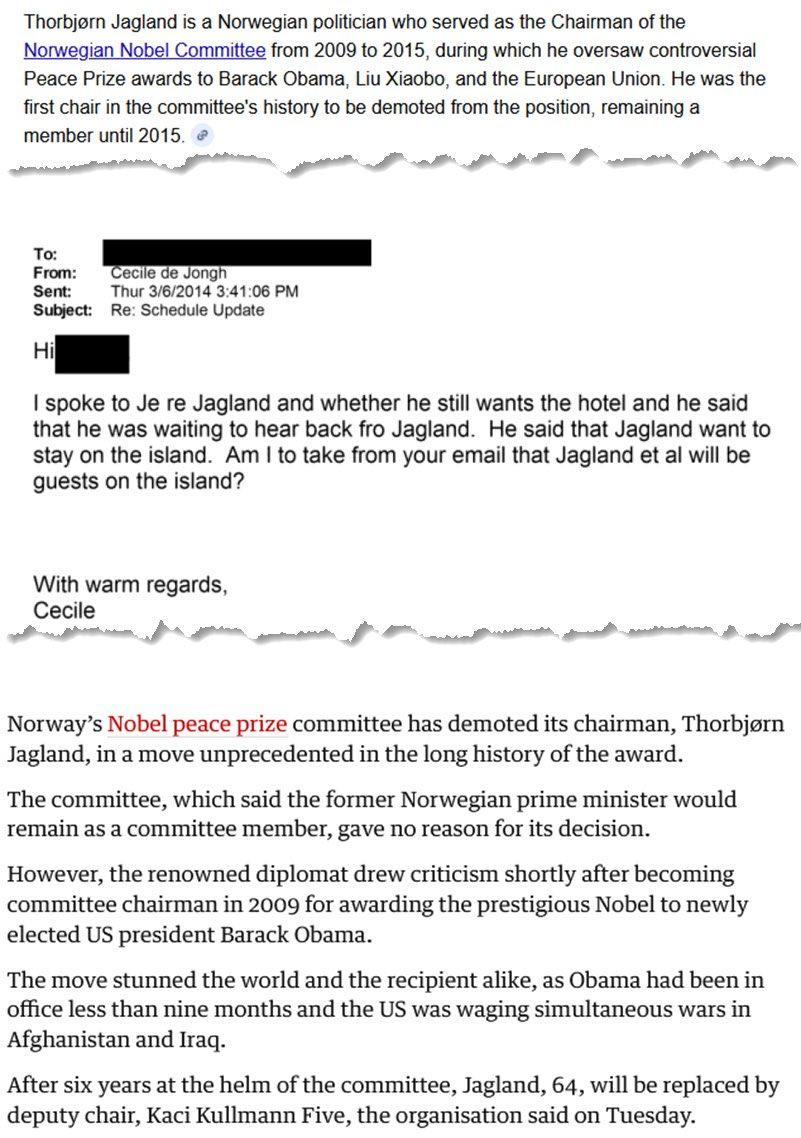 2009年至2015年的诺贝尔奖委员会主席是爱泼斯坦萝莉岛的常客，他在2009年