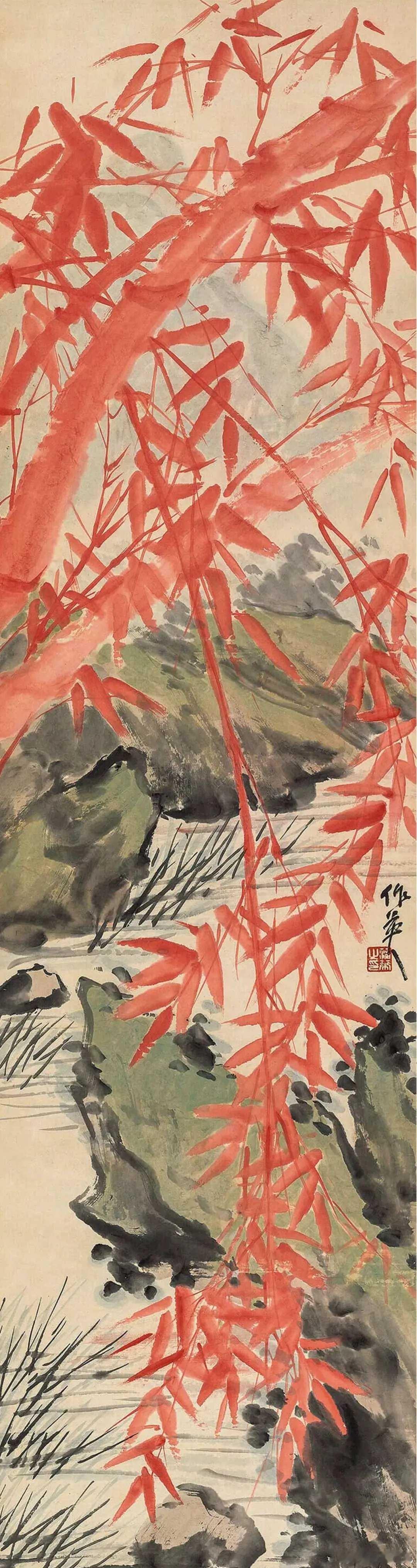 蒲华《朱竹四屏》，立轴 设色纸本 151×39.5 cm（每幅）。蒲华（1832