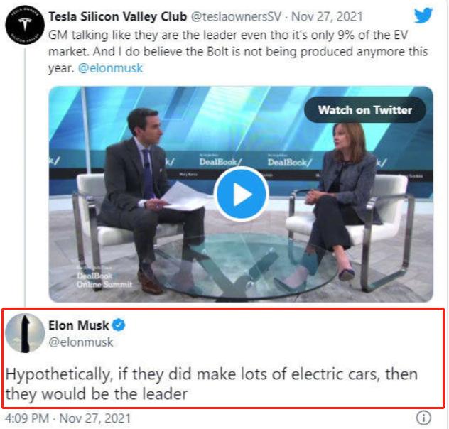 通用汽车自认为是电动汽车领导者  没想到被马斯克一句话揭穿
1、近日，通用汽车的