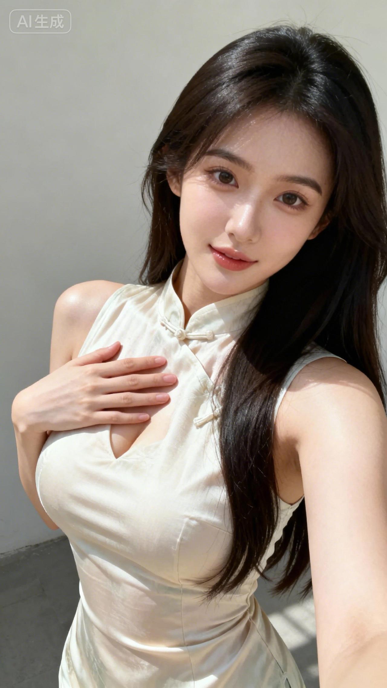 这位小姐姐穿着白色连衣裙，好漂亮！