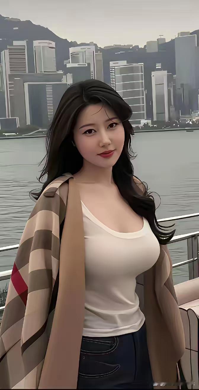 维港风来水自流，
高楼倒影入双眸。
青丝拂面含春意，
浅笑回眸百媚收。
格纹轻裹