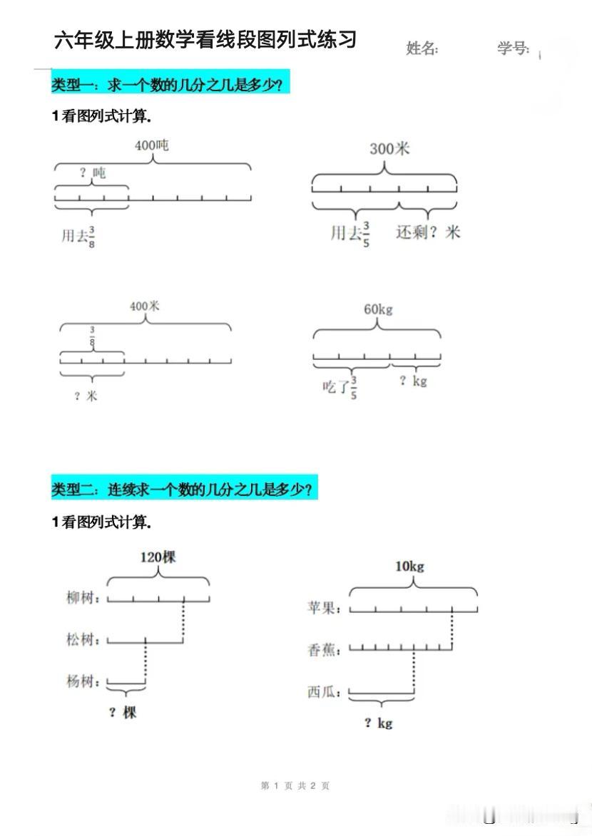 六上数学第二单元——分数乘法看图列式练习