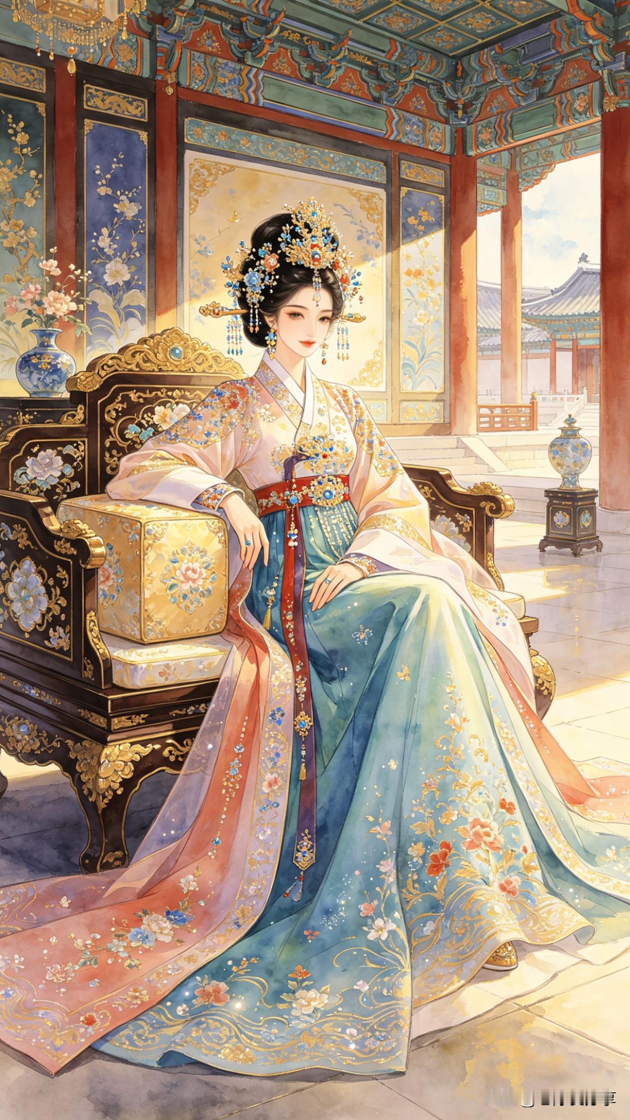 鹧鸪天·宫妆

宝髻巍峨压翠翘，金屏深处倚鲛绡。
粉霞衣上描鸾凤，青玉裙边绣海涛