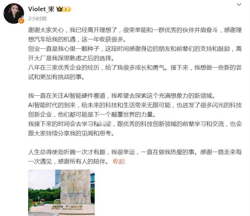 宋紫薇首度回应离职传闻：确已从理想离职，下一步会聚焦在AI硬件赛道创业！
而她提