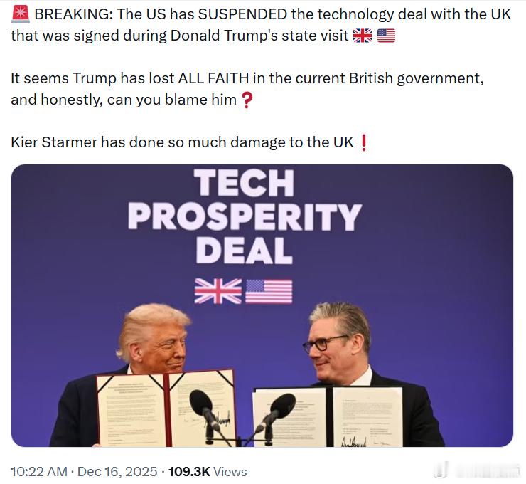 美国已经暂停了在唐纳德·特朗普国事访问期间与英国签署的那项技术合作协议。看起来，