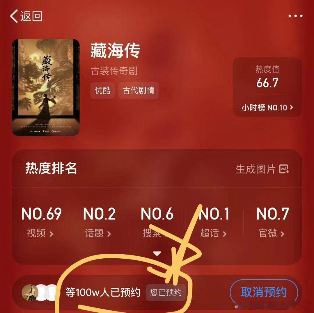 #肖战[超话]#在传出的物料屈指可数的情况下，肖战《藏海传》预约人数还能破一百万
