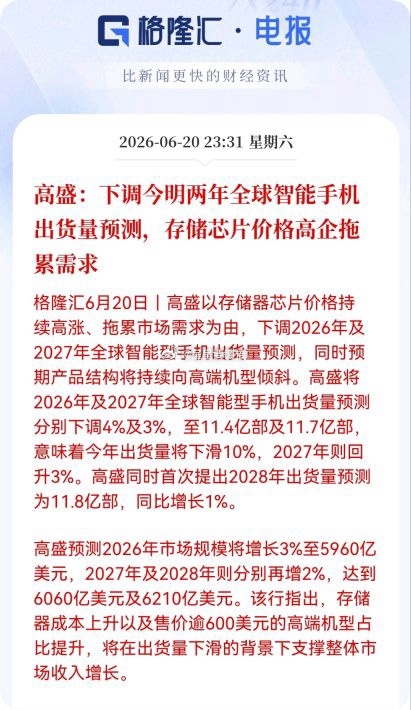 徐梦洁道歉存储持仓的明天要注意下这消息了高盛最新报告下调今明两年智能手机出货量预