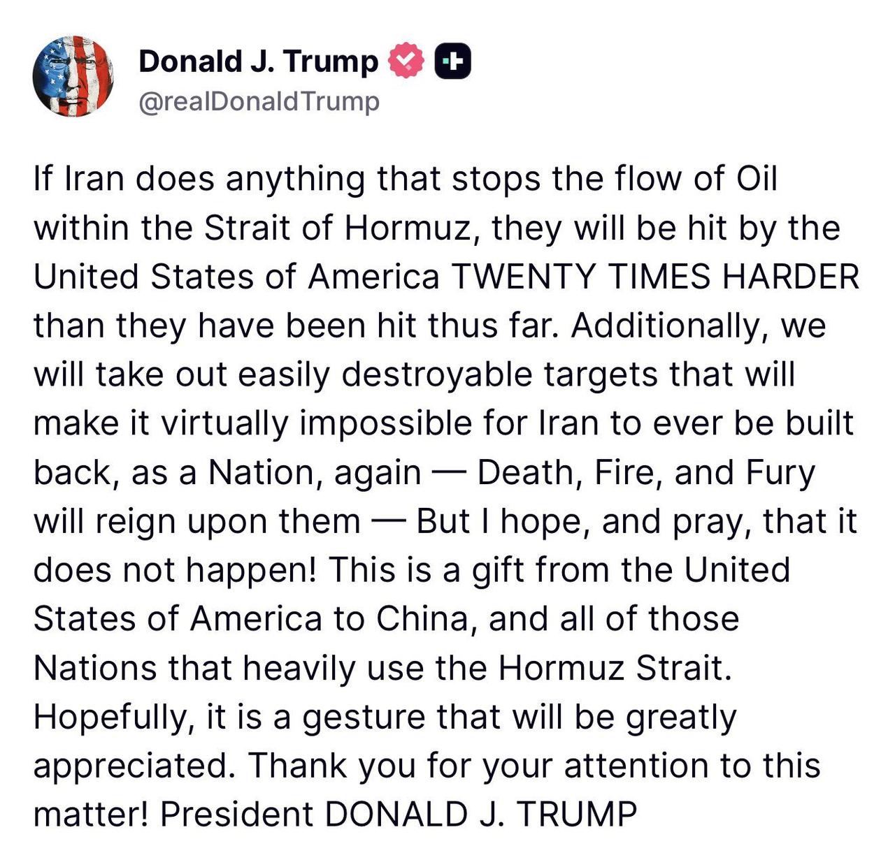 突发新闻——特朗普发推强硬警告伊朗：若阻霍尔木兹海峡石油运输将遭二十倍强度打击