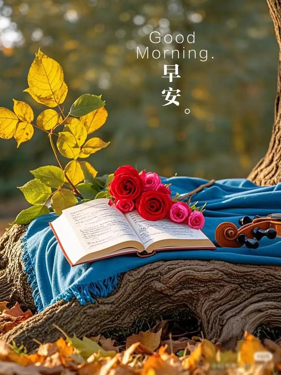 秋日晨读，静享书香与玫瑰的芬芳。🍂📖🌹