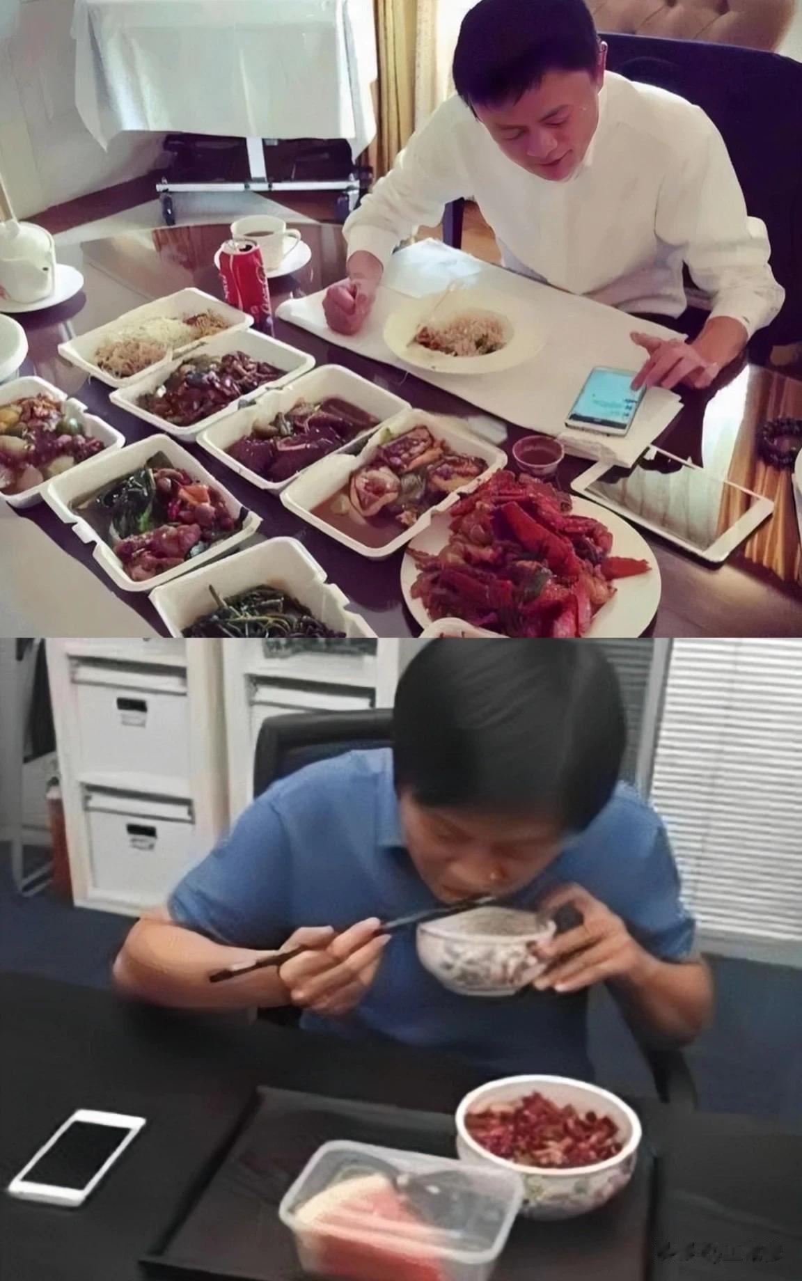 上图:马老板吃饭，桌前十多个菜，比较讲究，连吃饭时都在联系业务，即便如此，愣是吃