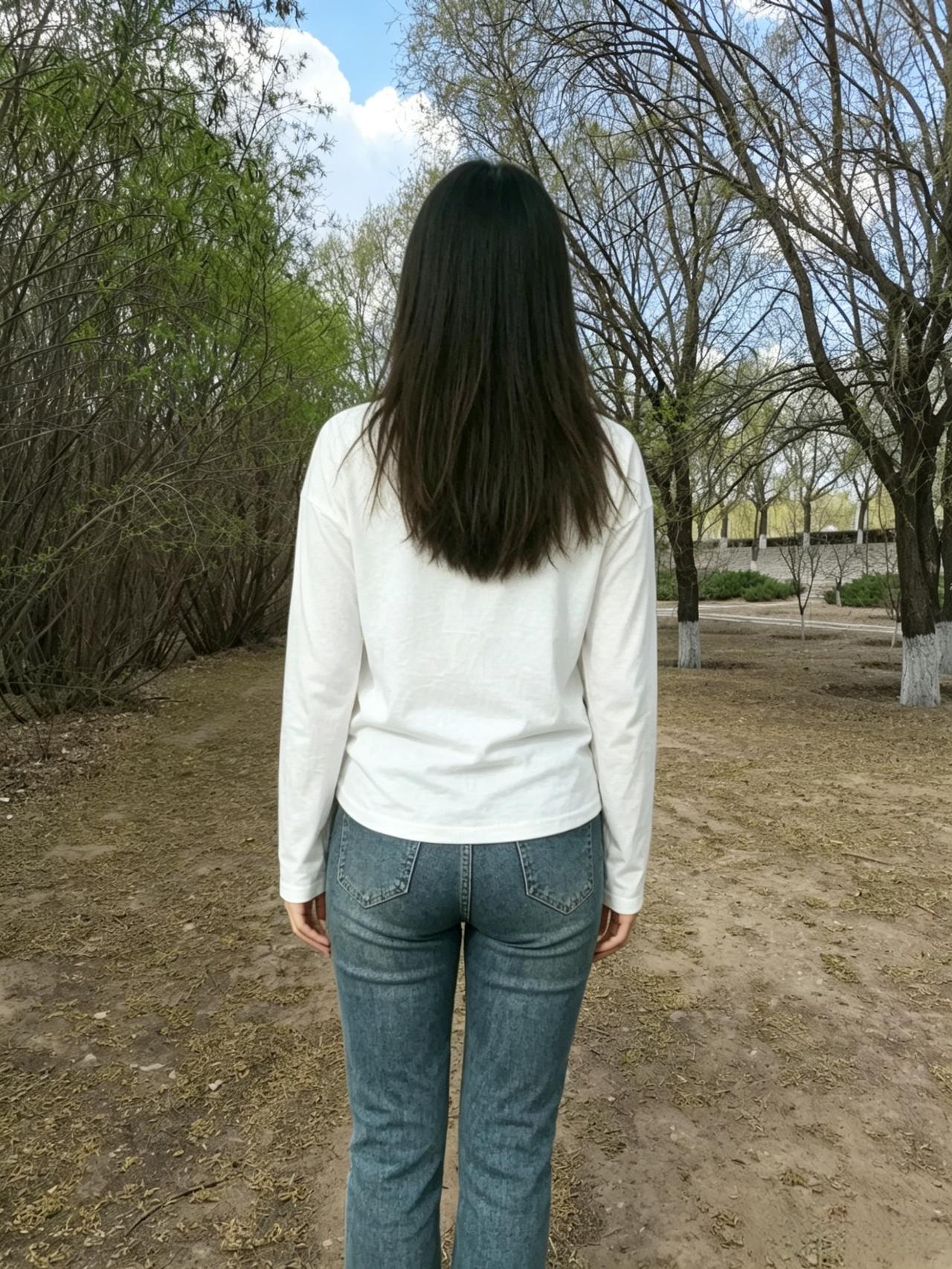 青丝垂素背，闲立野芳春。
风动林间色，清姿不染尘。