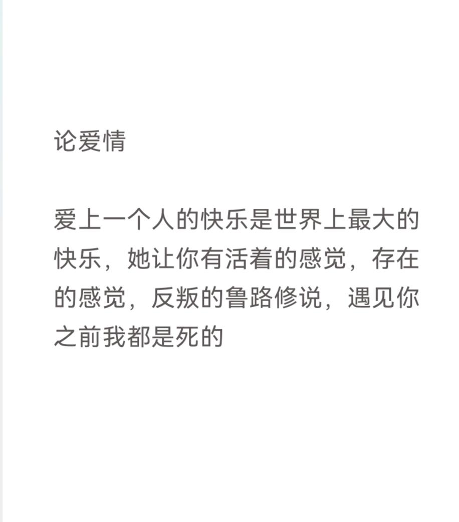论爱情

爱上一个人的快乐是世界上最大的快乐，她让你有活着的感觉，存在的感觉，反