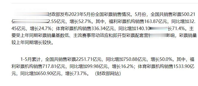 财政部数据显示：5 月份全国共销售彩票 500.21 亿元，同比增长 52.7%