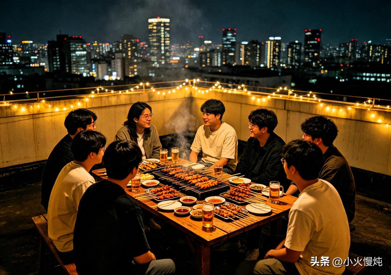 暑气褪去的深夜，约上三五好友奔赴天台露台，赴一场烟火烧烤之约。烤架滋滋作响，肉串
