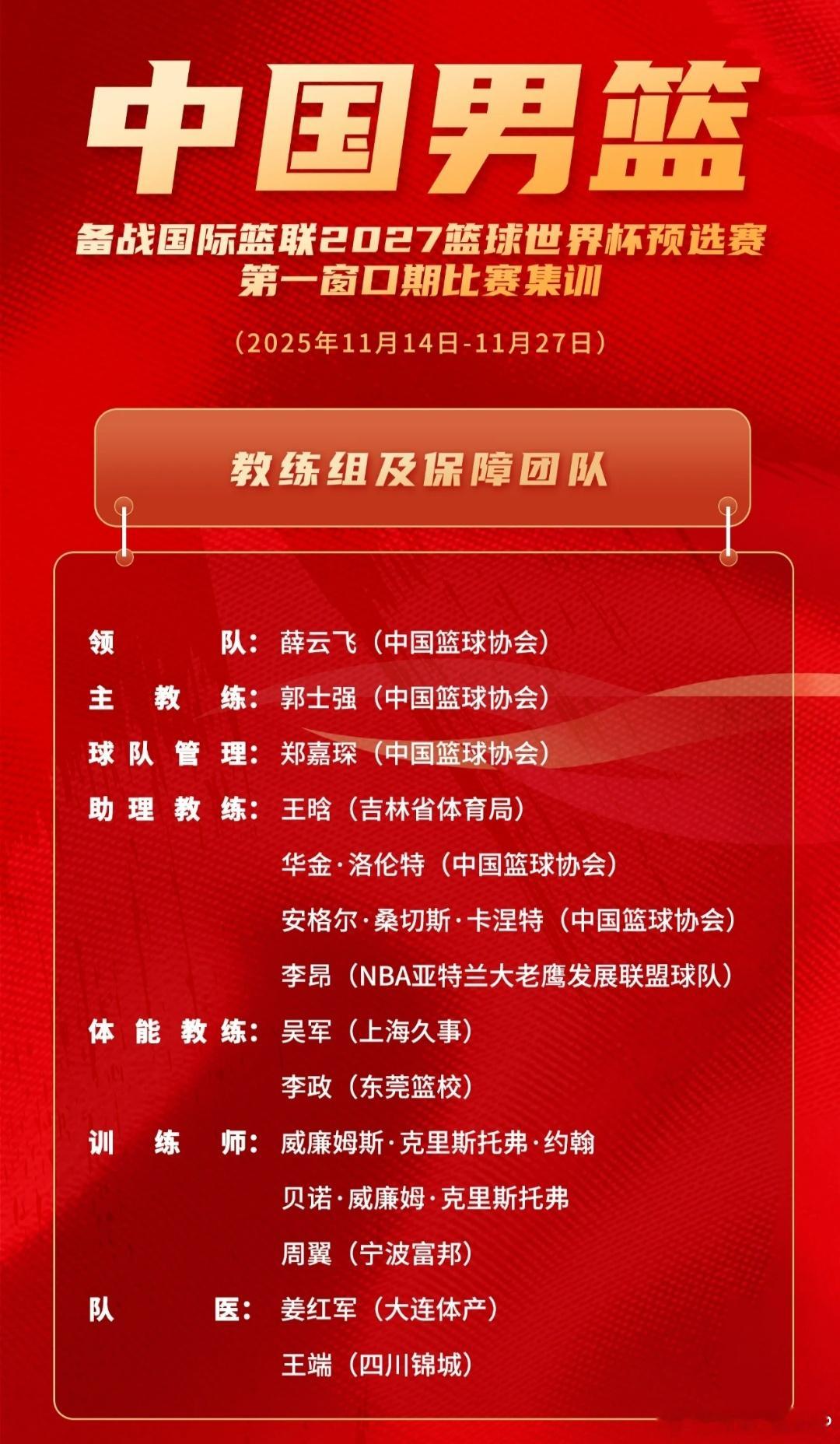 无缝衔接！全运会男篮成年组比赛刚落幕，中国男篮集训名单就已公布。11月14日至1