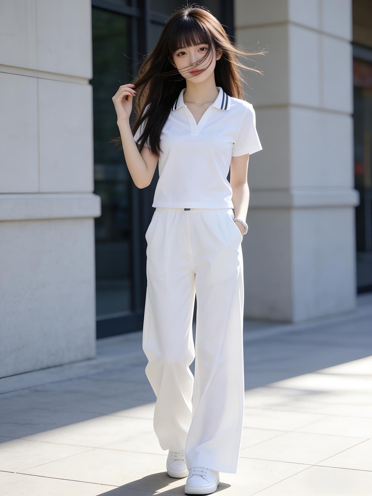 临水梳妆，晚霞映影，波光温柔，天边云霞染就一身暖意。女子临水而立，容颜清丽，心底