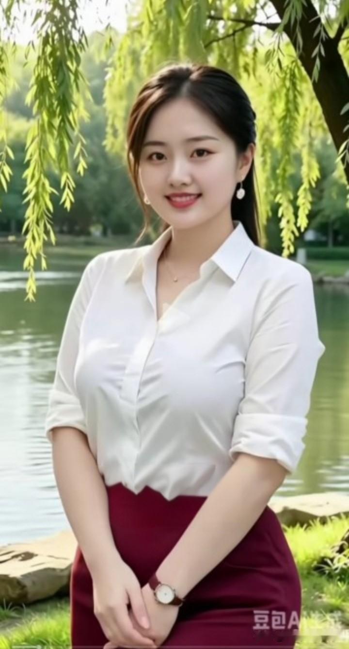 在湖畔享受清新时光，画面美如画卷。优雅白衬衫配酒红裙，这搭配堪称完美。白衬衫干净