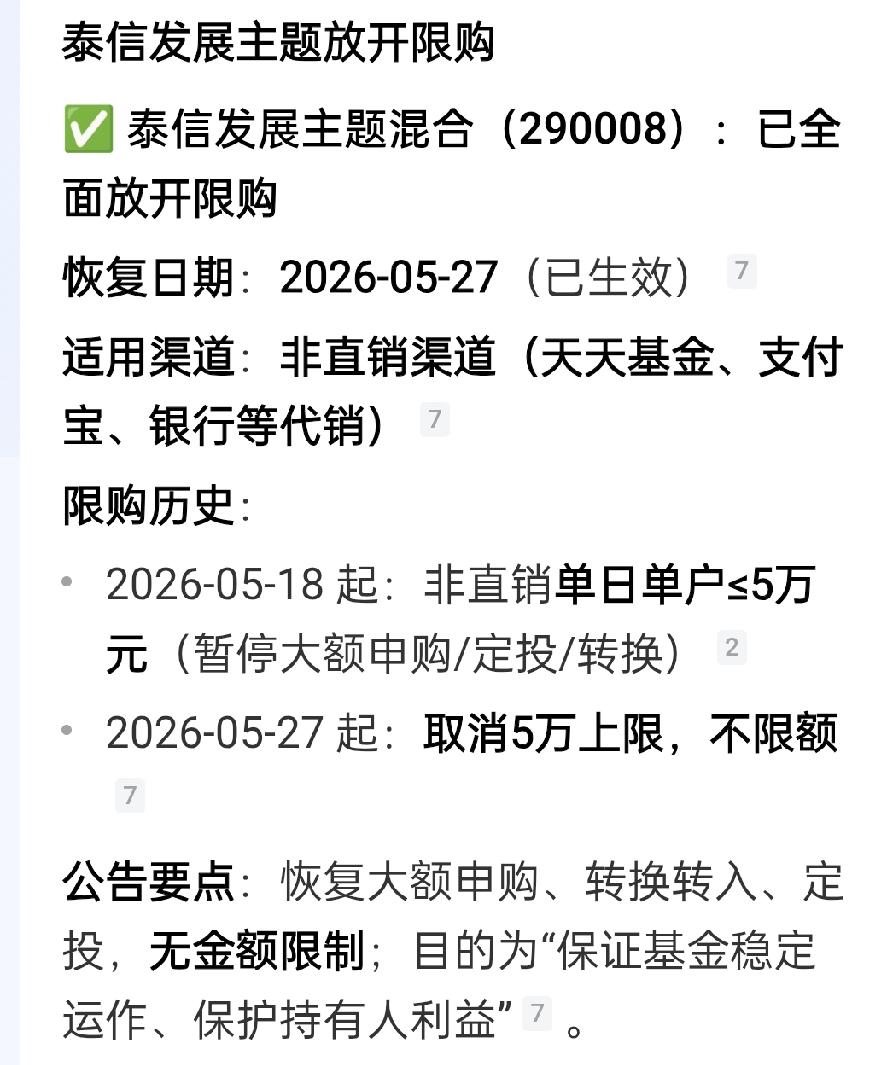 泰信发展主题已经放开限购了。5月18日开始的单日限购5万已经在5月27日取消了，