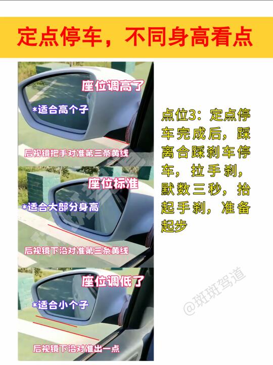 定点停车，不同身高看点 座位调高了 *适合高个子 后视镜把手对准第三条...