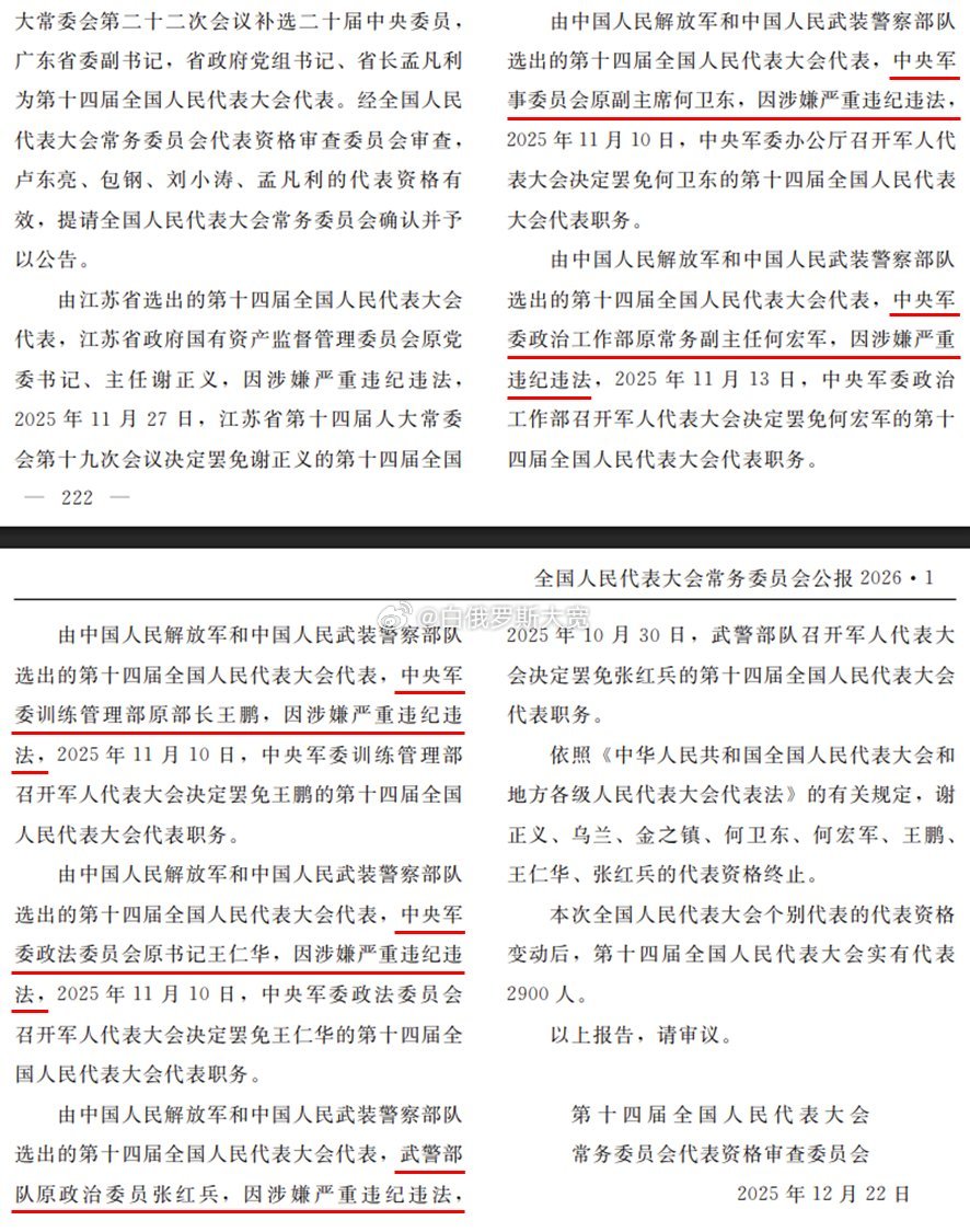 2026年2月25日，全国人大常委会发布2026年第一号公报。公报中《关于个别代