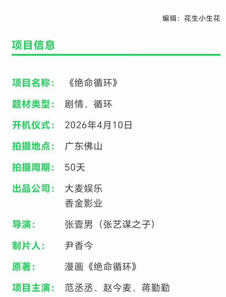 张艺谋儿子都当导演了，电影叫《绝命循环》，男女主是范丞丞+赵今麦，还有番位范丞丞