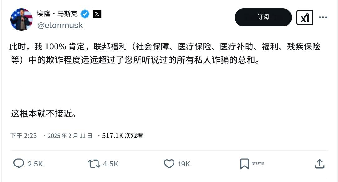 马斯克表示，他可以肯定美国联邦福利(社保、医疗保险、残疾保险等)中的欺诈程度远远