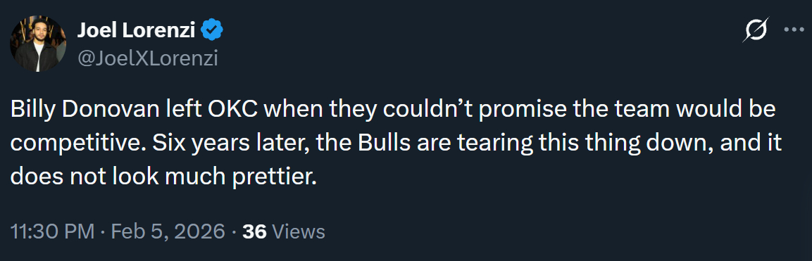 公牛跟队记者JL（前任雷霆跟队记者）：比利·多诺万当年离开雷霆，是因为球队无法承