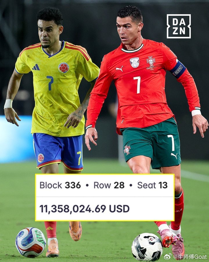 C罗 Dazn Portugal:在葡萄牙对阵哥伦比亚的比赛中有一张门票被炒的超