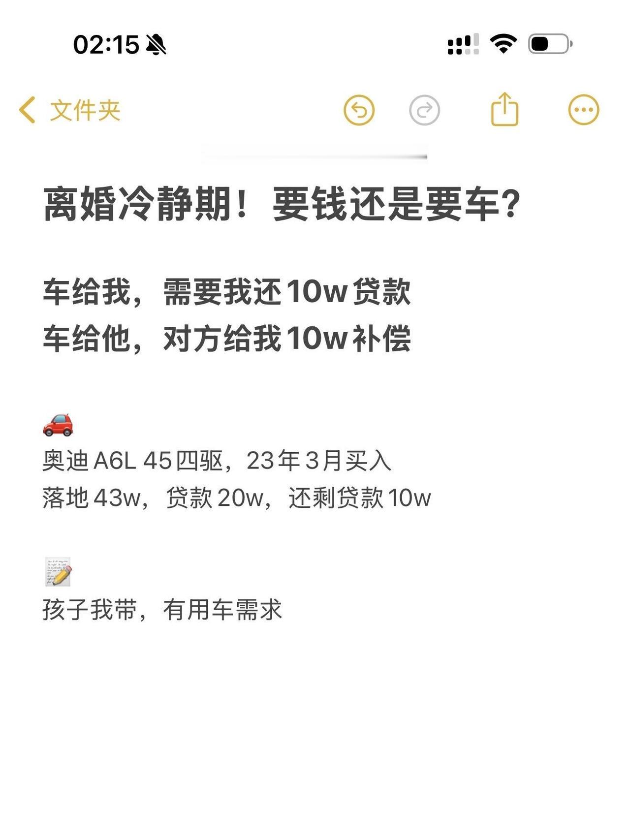 离婚冷静期！要钱还是要车？
车给我，需要我还10w贷款
车给他，对方给我10w补