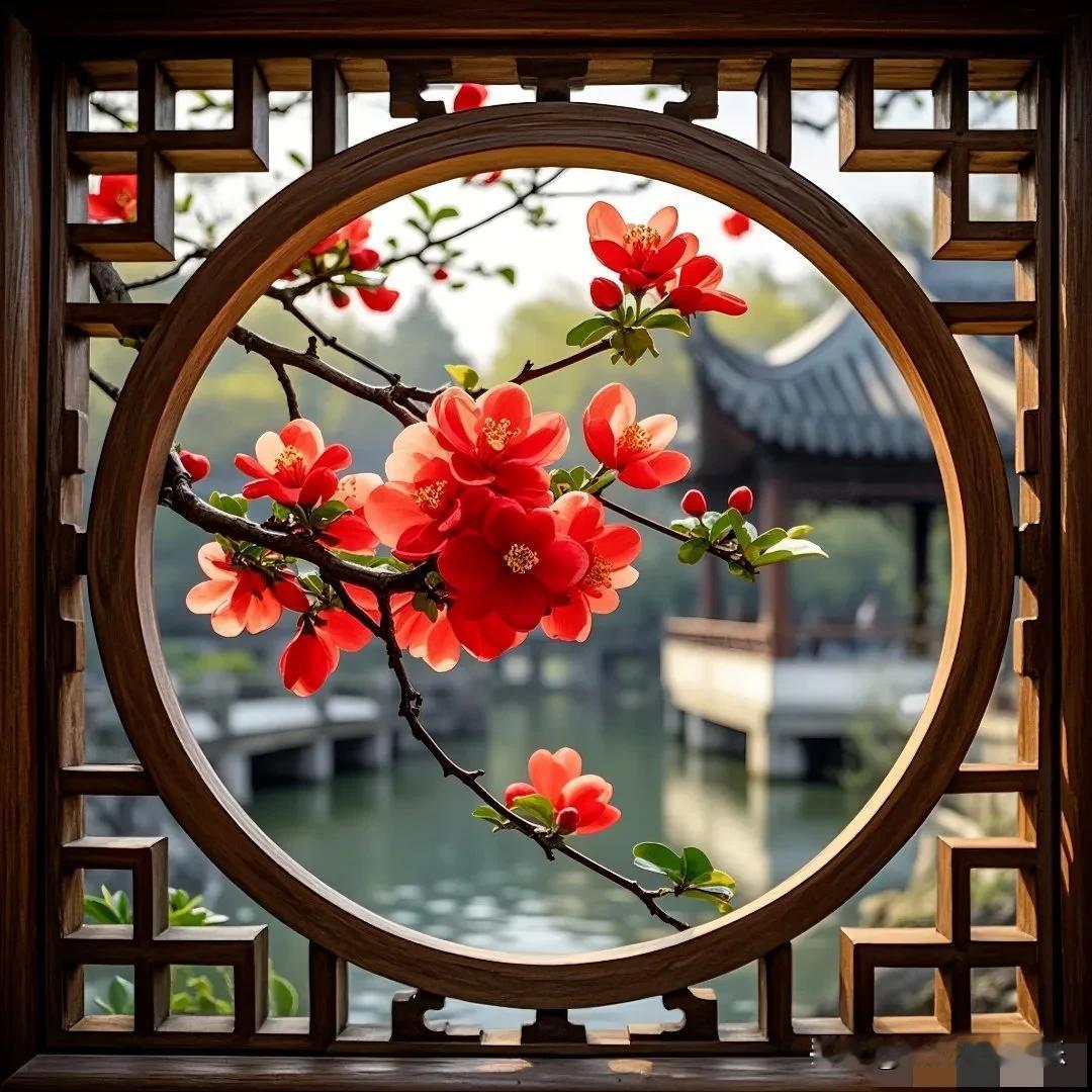 在中国传统美学里，花窗不仅是建筑构件，更是取景框，将自然之美框定。“春色满园关不